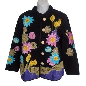 Indigo Moon Women's Embroidered Artsy Floral Jacket S Colorful Woven Canvas